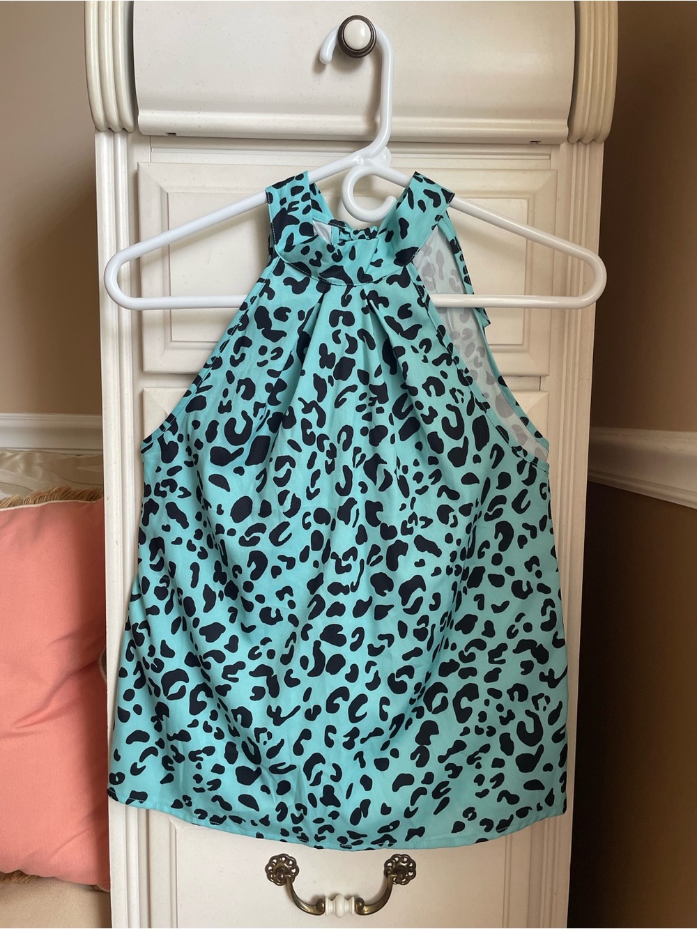 Shein Aqua Leopard Print Halter Tank Top with Bow at Neck